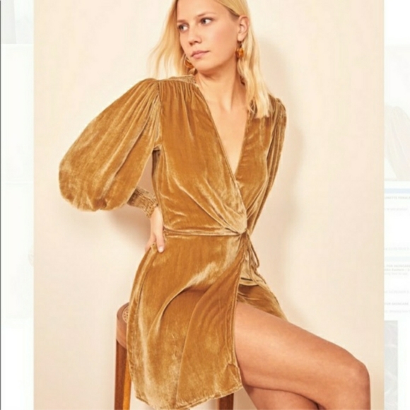 Reformation Boheme Velvet Wrap Dress in Gold, Holiday, Velvet, Party - Picture 2 of 11